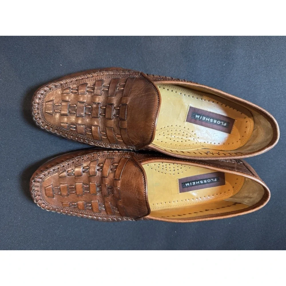 Vintage Florsheim Woven Leather Penny Loafers Brown Men's 8.5 D USA Style